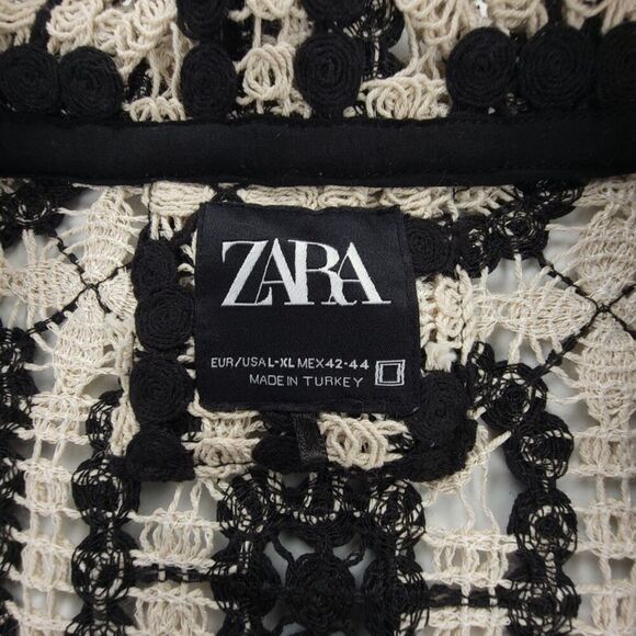 NEW Zara Crochet Overshirt Beachy Boho Knit Button Down Shirt Jacket Black Ecru - Picture 2 of 8